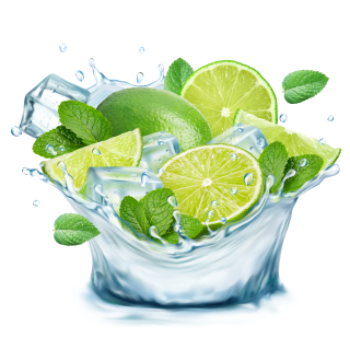 Limetten und Minze in Wassersplash mit Eiswürfeln