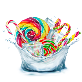 Bunte Candycanes in Wassersplash mit Eiswürfel