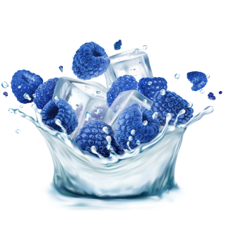 Blaue Himbeeren in Wassersplash mit Eiswürfeln